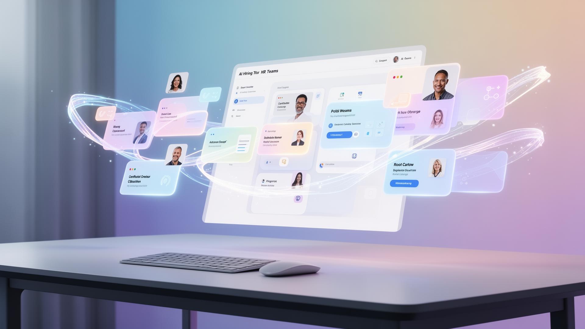 Floating AI hiring dashboard with candidate cards above a clean modern desk