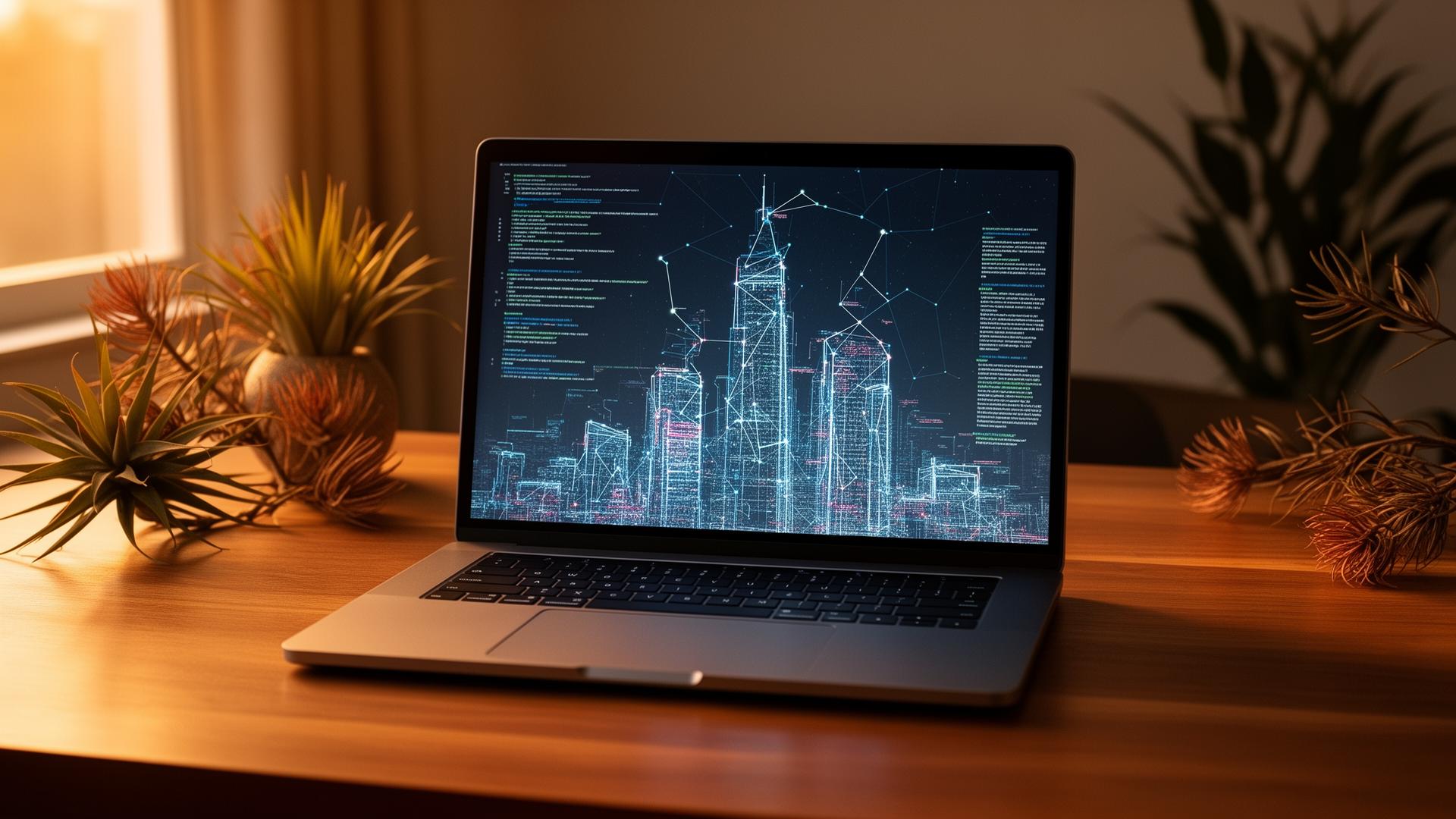 Laptop on a warm wooden desk with a glowing constellation skyline of code and city lights