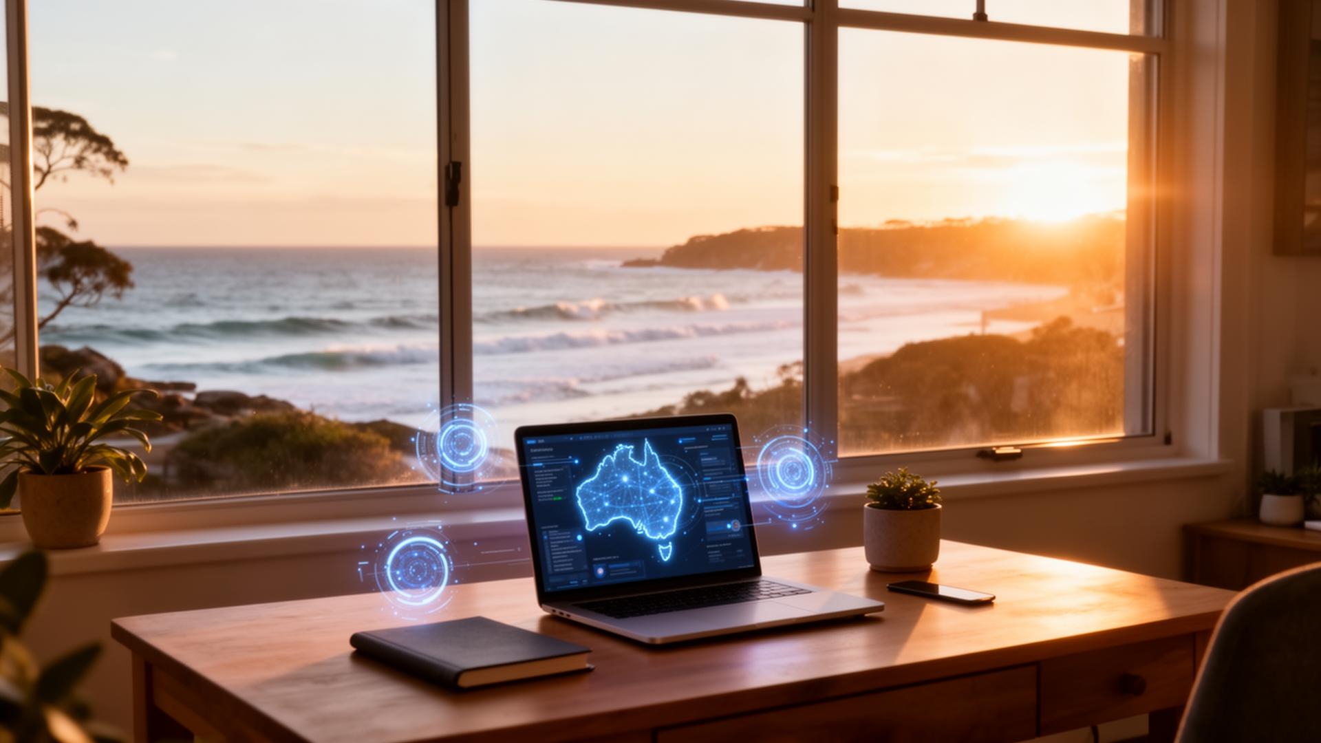 Home office overlooking an Australian coastline at sunrise with a laptop showing an AI interface